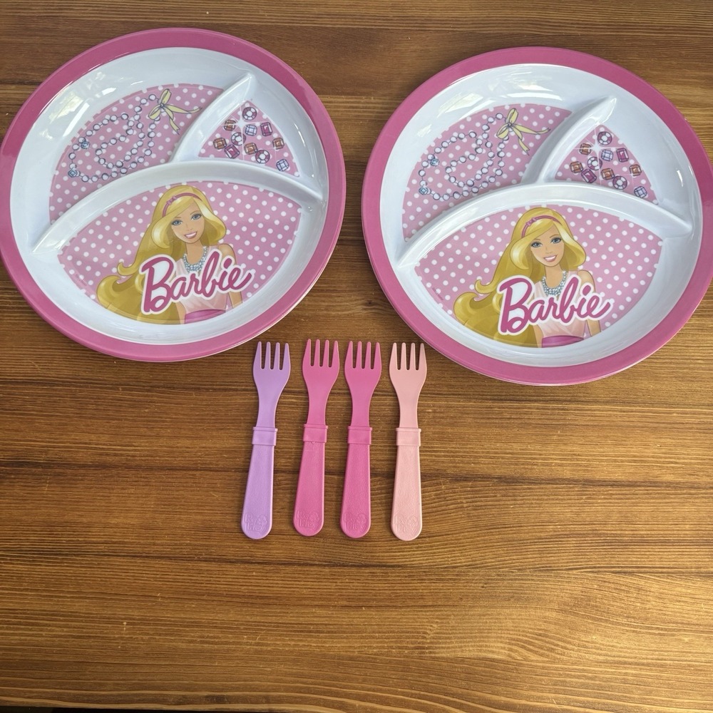 Barbie Divided Kids Plates & Forks Lot Pink Melamine 2 Plates 4 Forks Mattel